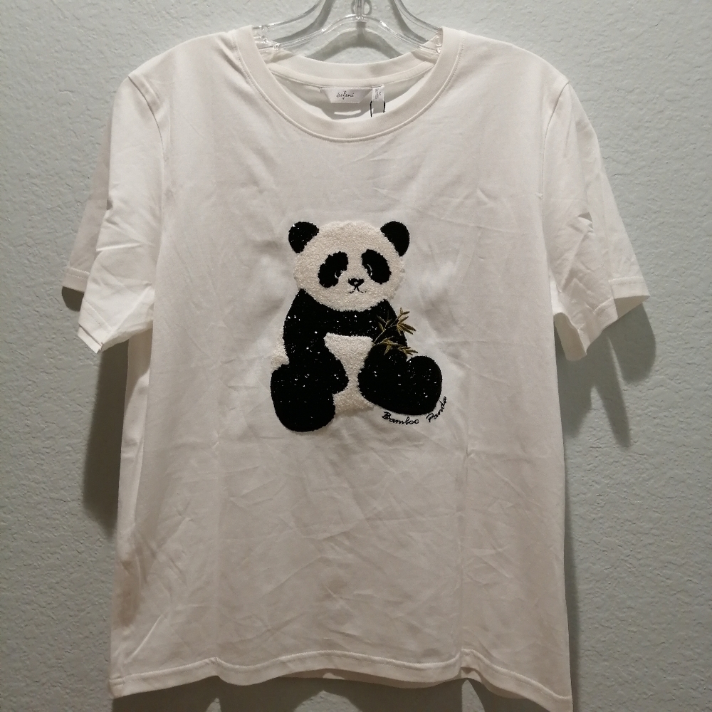 [NWT] Eifini Sequins Panda 100% Cotton Short Sleeve T-shirt White  - Size M